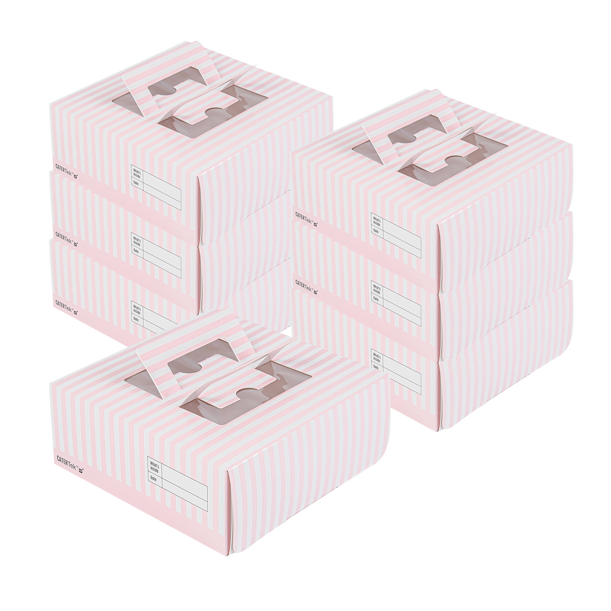 Cater Tek Square Pink and White Stripe Paper Cake / Lunch Box - with Pop-Up Handle, Window - 9" x 9" x 3 1/2" - 50 count box