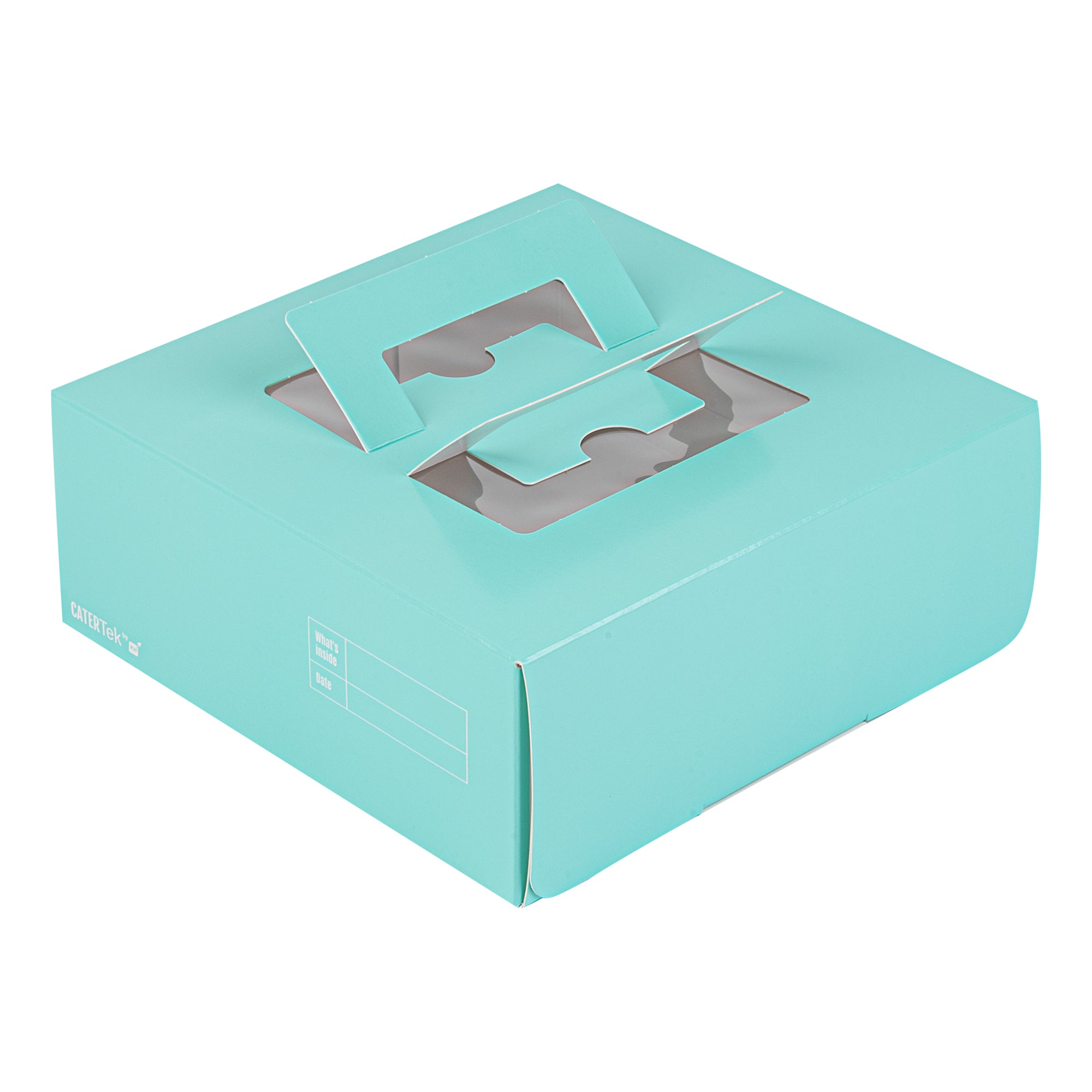 Cater Tek Square Turquoise Paper Cake / Lunch Box - with Pop-Up Handle, Window - 9" x 9" x 3 1/2" - 50 count box