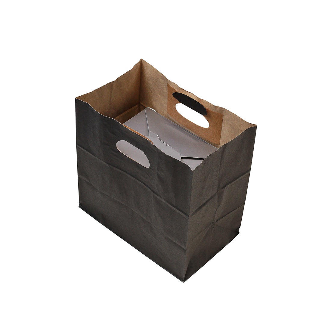 Bag Tek Rectangle Black Paper Take Out Bag - with Handles - 11" x 7" x 11" - 100 count box