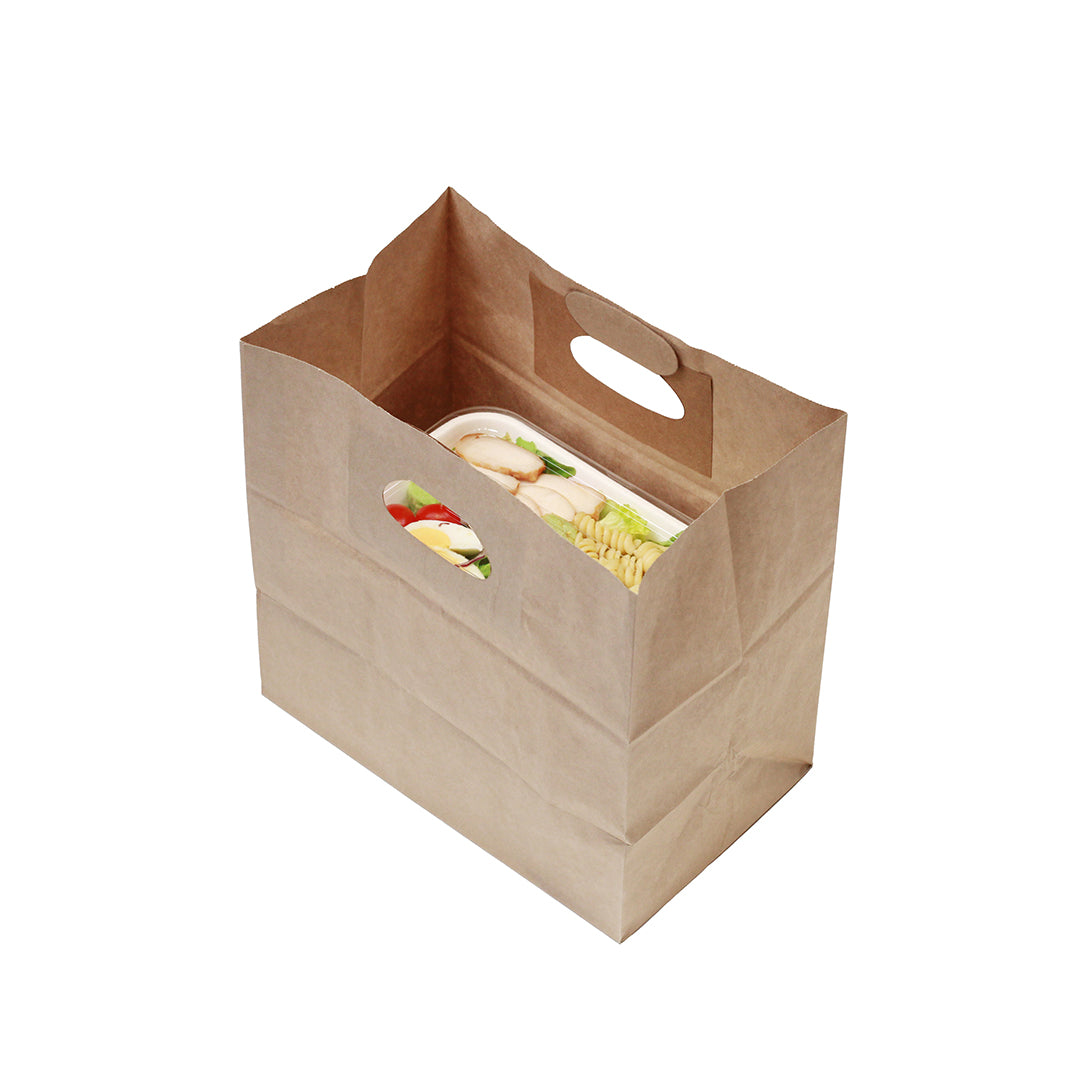 Bag Tek Rectangle Kraft Paper Take Out Bag - with Handles - 11" x 7" x 11" - 100 count box