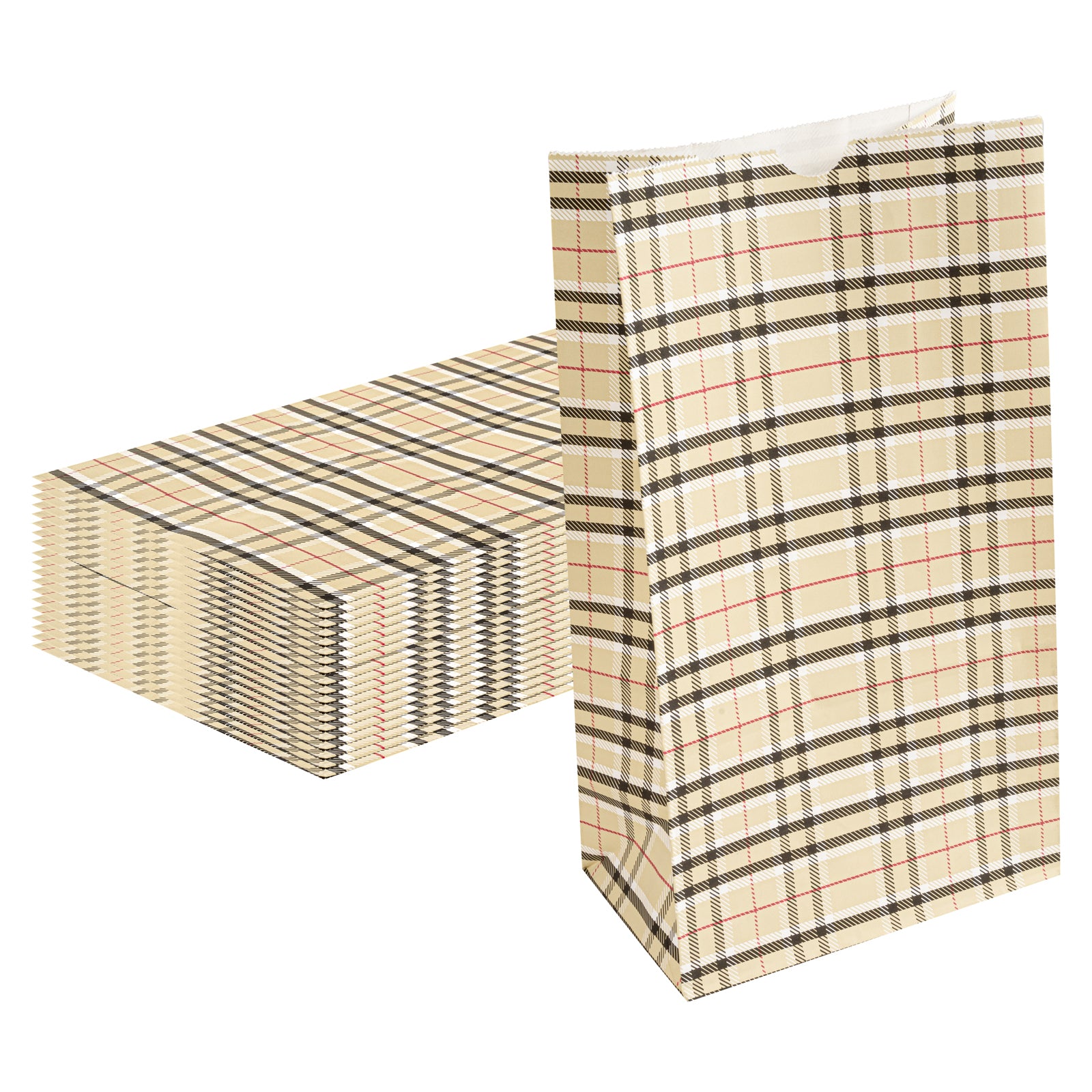 Bag Tek Plaid Paper Bag - 12 lb - 7" x 4 1/4" x 12 1/2" - 100 count box