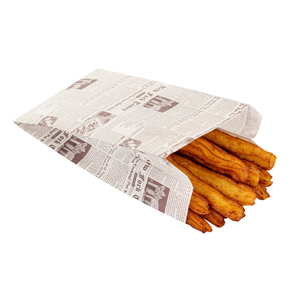 Bag Tek Sepia Newsprint Paper French Fry / Snack Bag - 5" x 3" x 8 3/4" - 100 count box