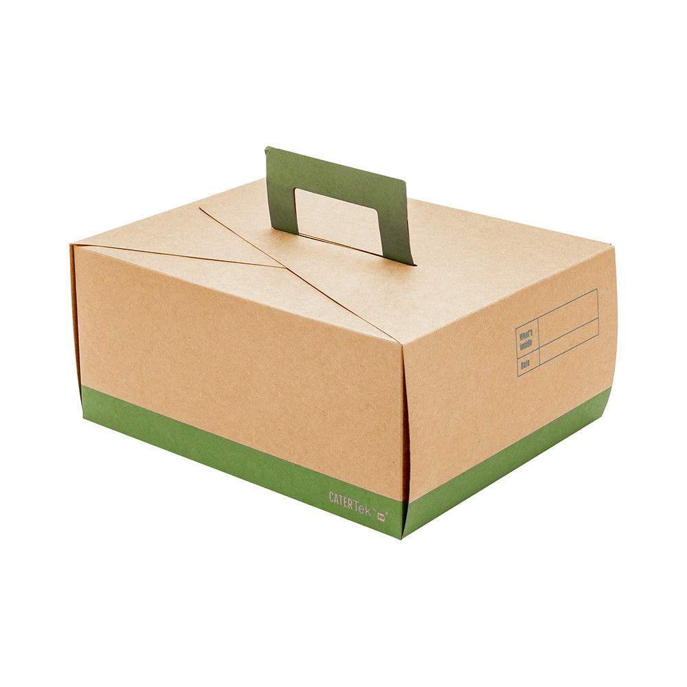 Cater Tek Rectangle Kraft and Green Paper Deep Lunch Box - with Handle - 9" x 7" x 4" - 100 count box