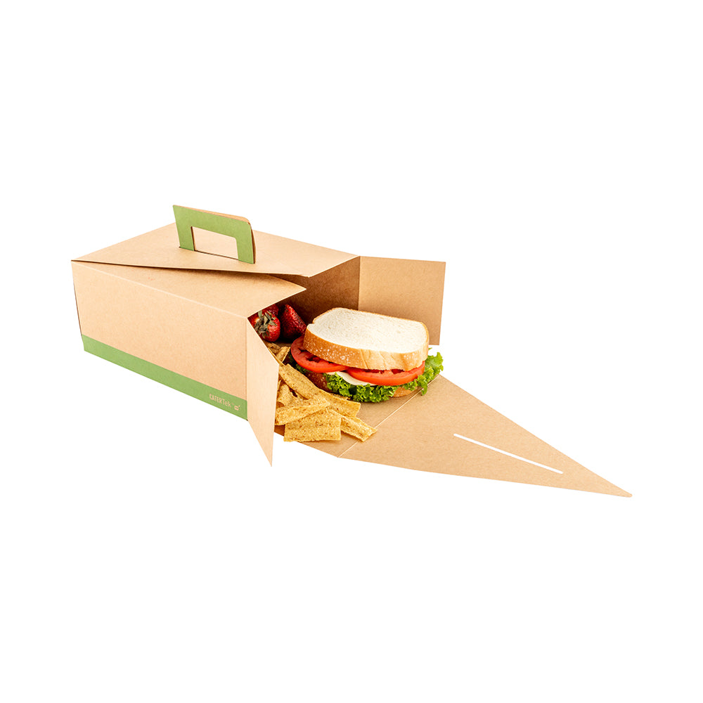 Cater Tek Rectangle Kraft and Green Paper Deep Lunch Box - with Handle - 9" x 7" x 4" - 100 count box