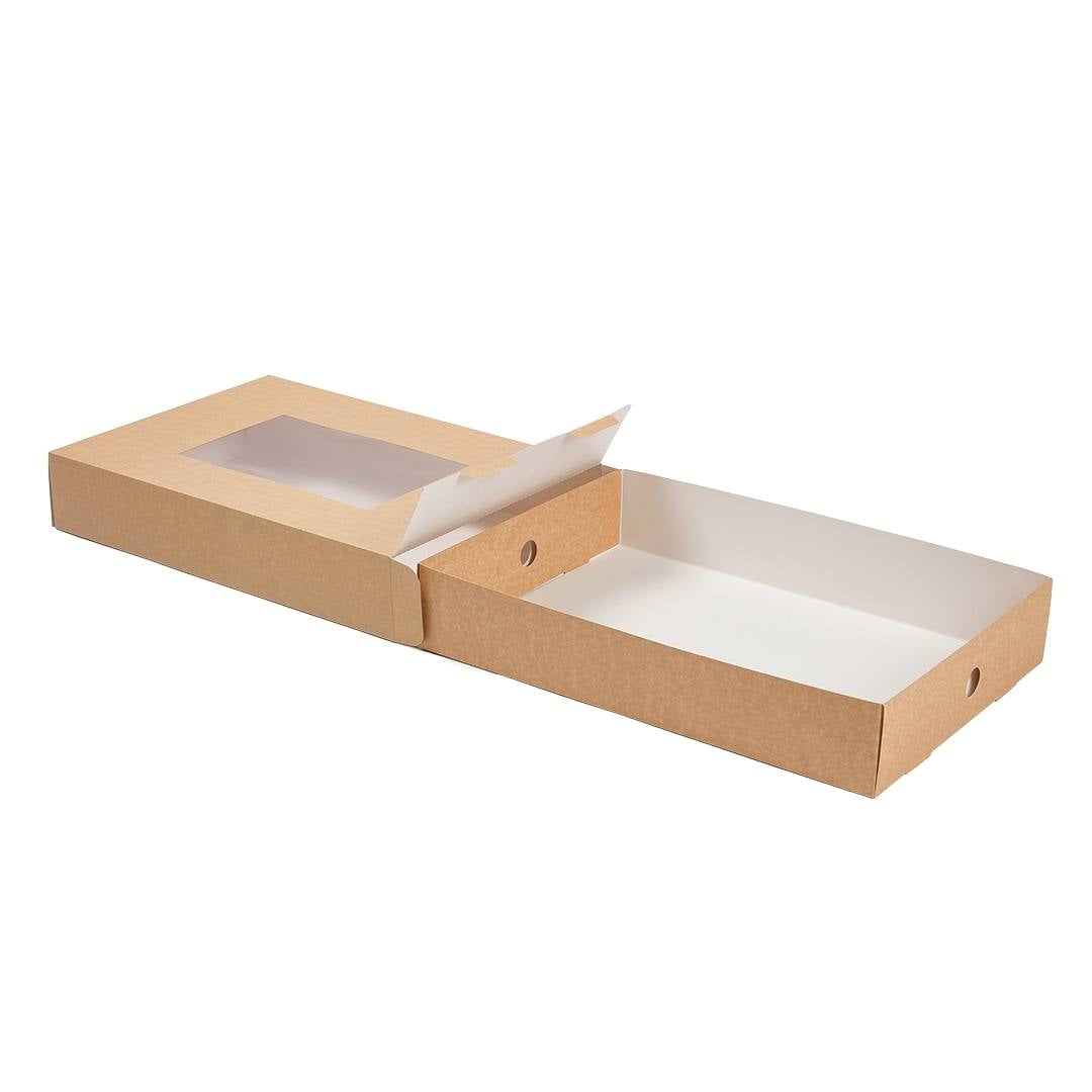 Slide Tek Rectangle Kraft Paper Catering Tray - with Window - 17 3/4" x 12 1/4" x 3 1/4" - 10 count box