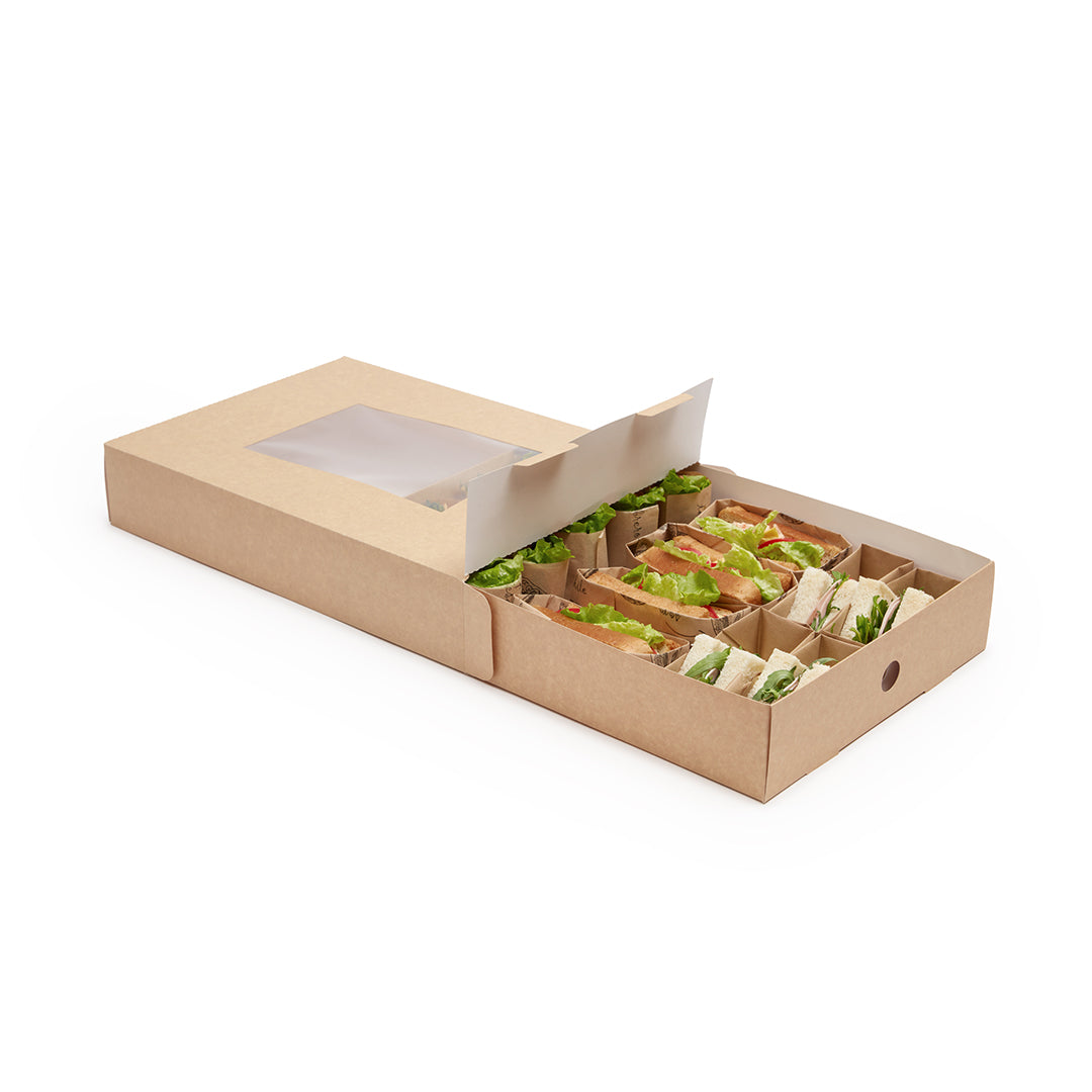 Slide Tek Rectangle Kraft Paper Catering Tray - with Window - 17 3/4" x 12 1/4" x 3 1/4" - 10 count box