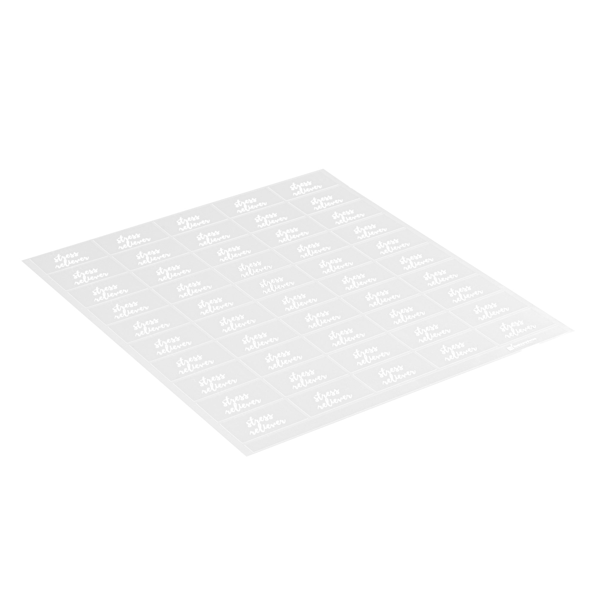 Label Tek Plastic Stress Reliever Label - Clear with White Font, Water-Resistant - 2" x 1" - 100 count box