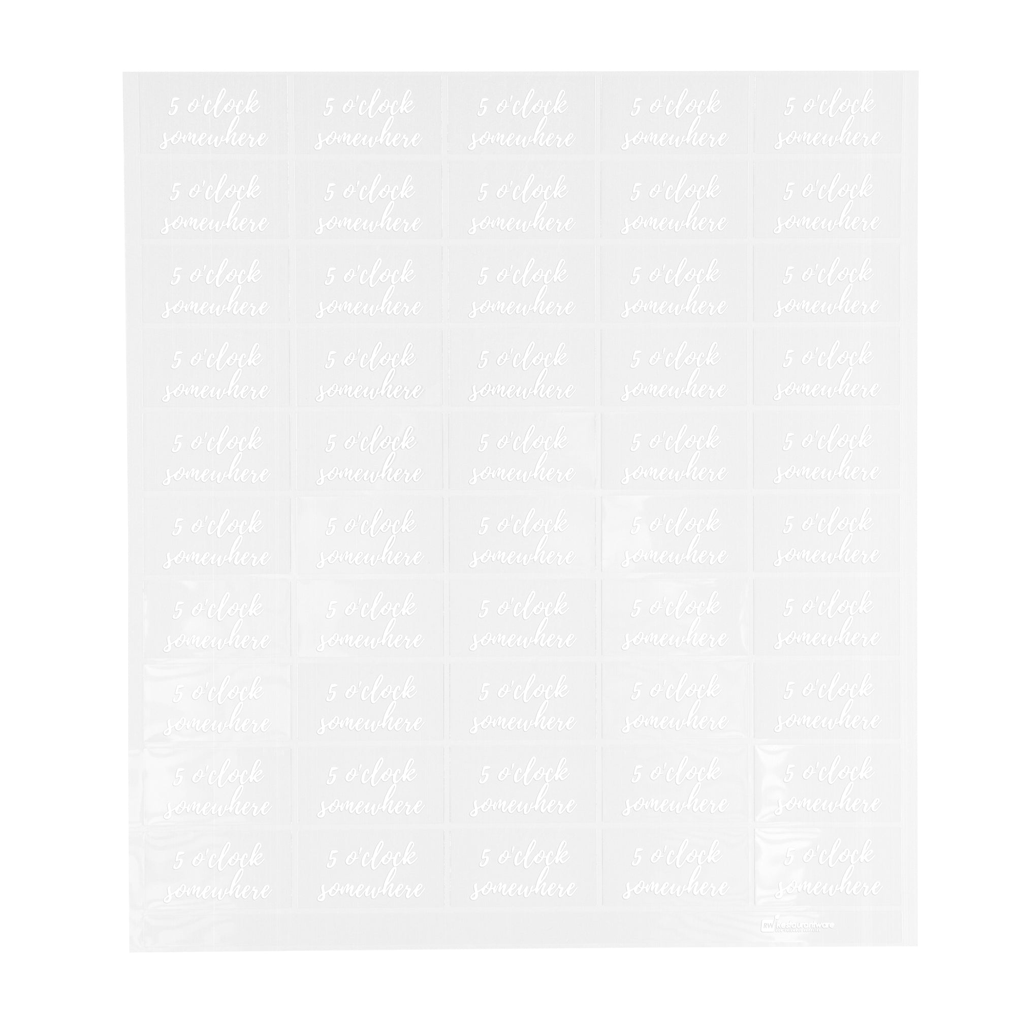 Label Tek Plastic 5 O'Clock Somewhere Label - Clear with White Font, Water-Resistant - 2" x 1" - 100 count box