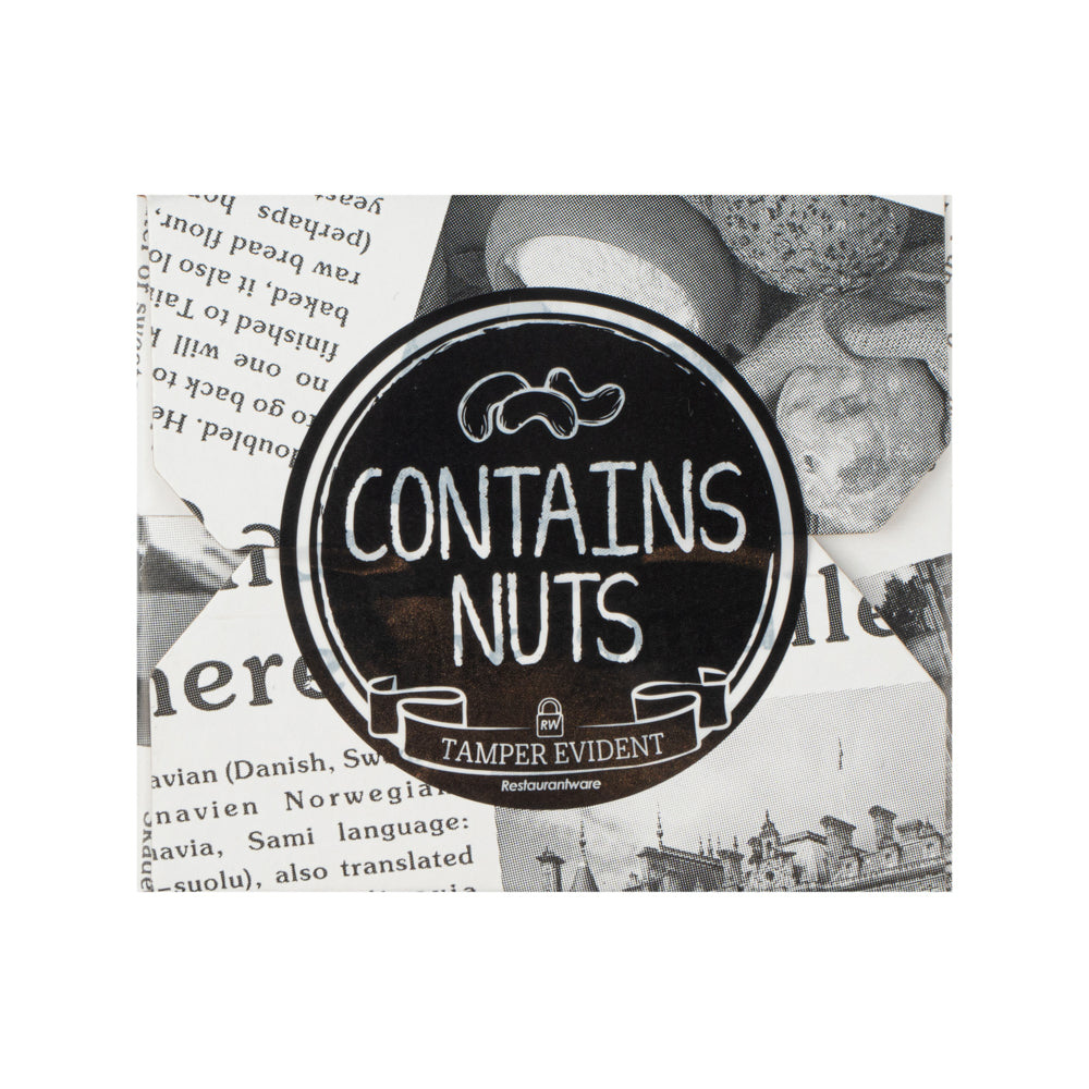 Label Tek Plastic Contains Nuts Label - Black with White Font, Tamper-Evident - 2" x 2" - 500 count box