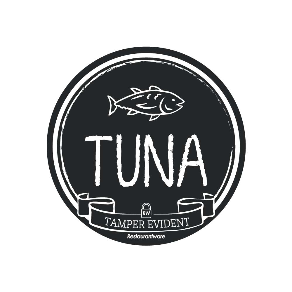 Label Tek Plastic Tuna Label - Black with White Font, Tamper-Evident - 2" x 2" - 500 count box