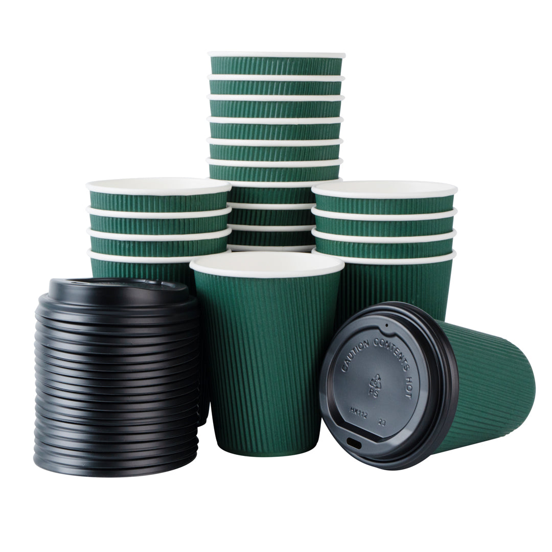 12 oz Dark Green Paper Ripple Wall Coffee Cup - with Black Lid - 3 1/2" x 3 1/2" x 5" - 200 count box