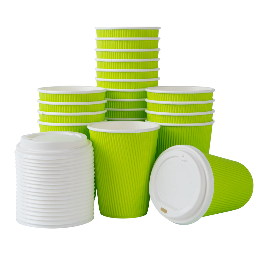 12 oz Eco Green Paper Ripple Wall Coffee Cup - with White Lid - 3 1/2" x 3 1/2" x 5" - 200 count box