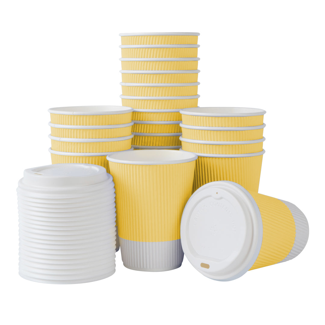 12 oz Light Yellow Paper Ripple Wall Coffee Cup - with White Lid - 3 1/2" x 3 1/2" x 5" - 200 count box