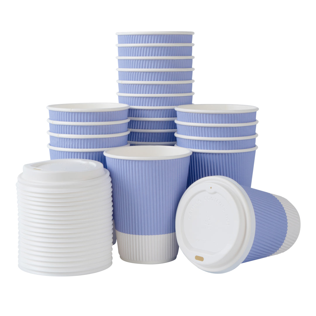 12 oz Light Purple Paper Ripple Wall Coffee Cup - with White Lid - 3 1/2" x 3 1/2" x 5" - 200 count box