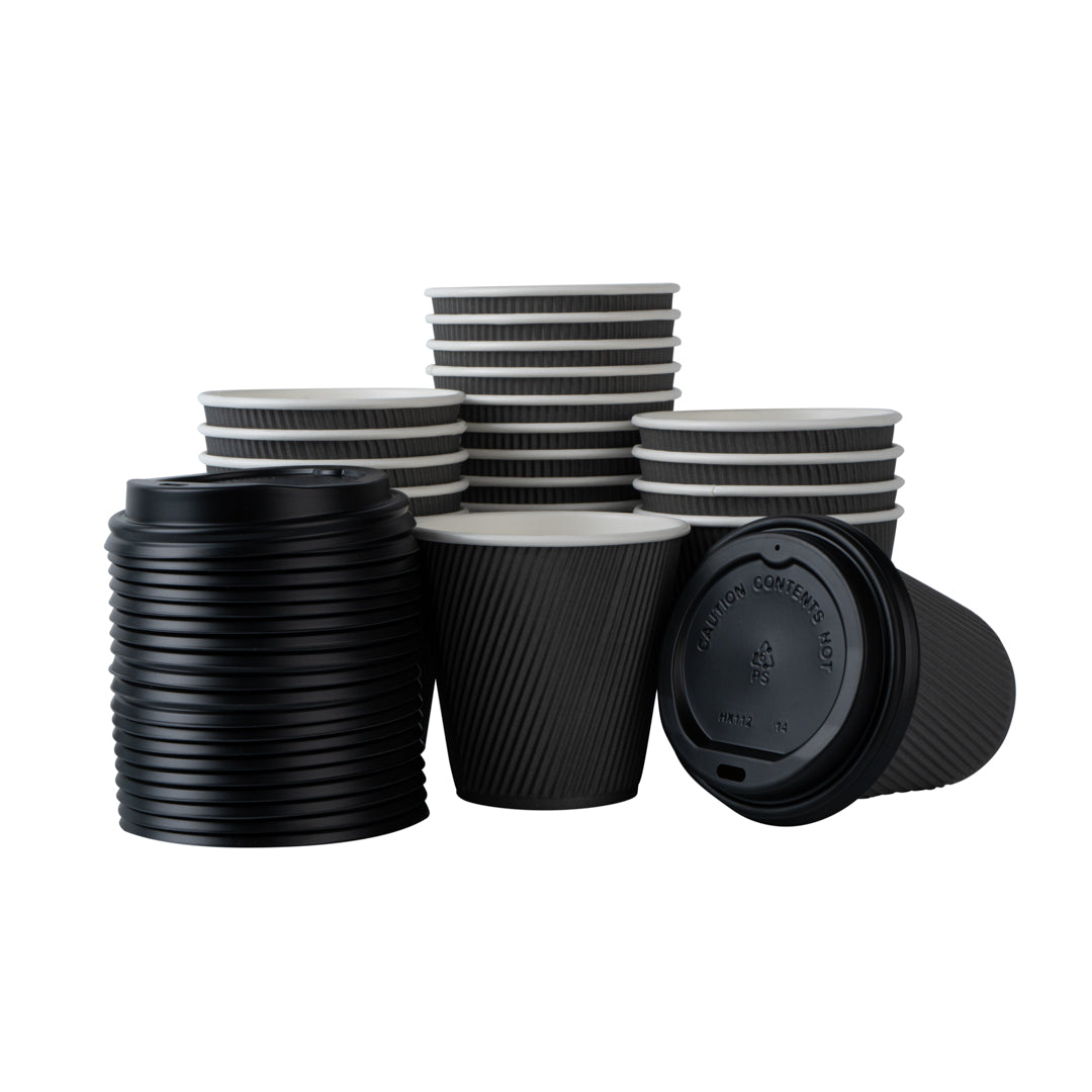 8 oz Gray Paper Ripple Wall Coffee Cup - with Black Lid - 3 1/2" x 3 1/2" x 4" - 400 count box