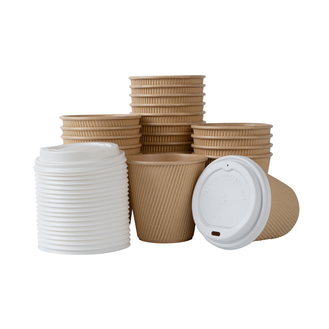 8 oz Kraft Paper Ripple Wall Coffee Cup - with White Lid - 3 1/2" x 3 1/2" x 4" - 400 count box