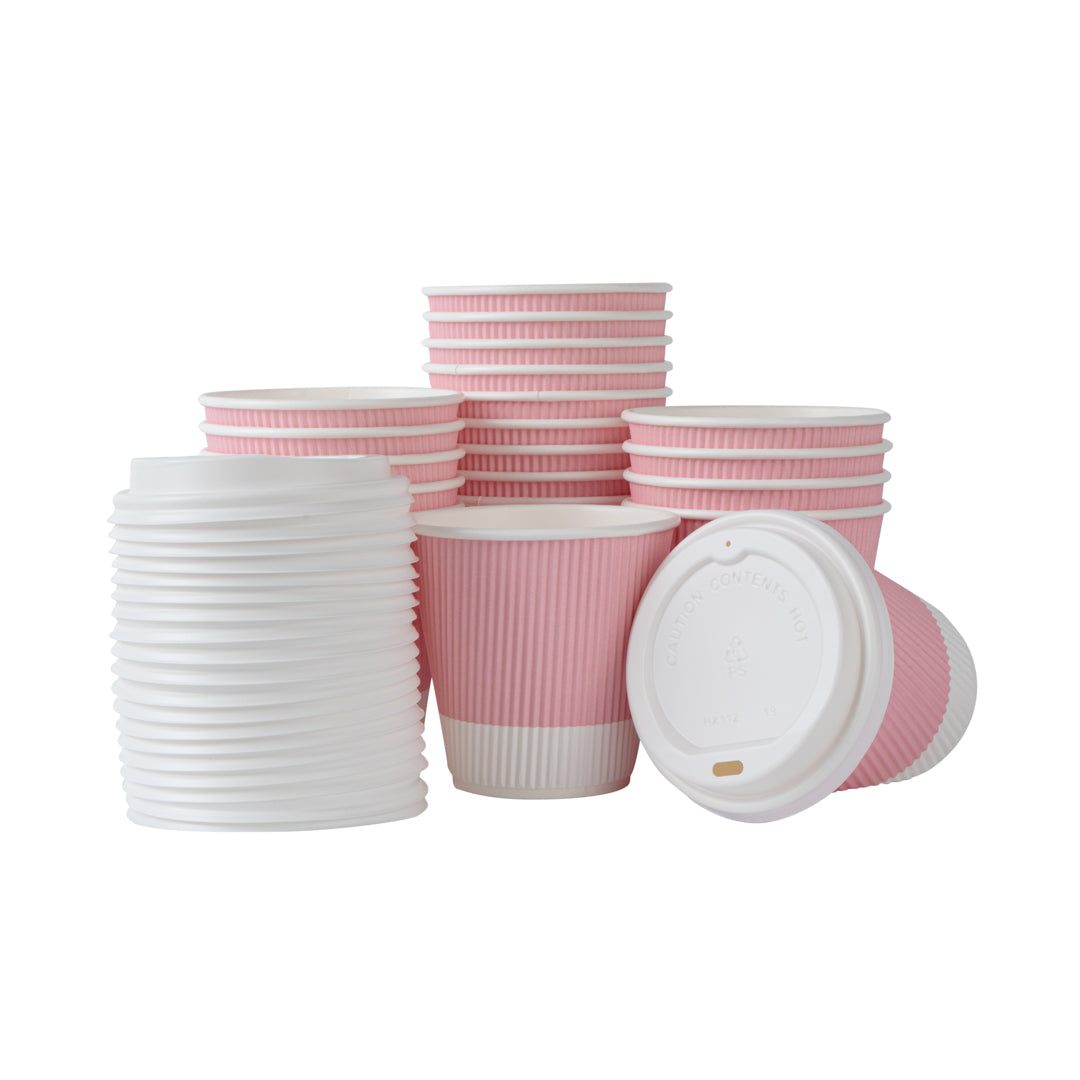 8 oz Light Pink Paper Ripple Wall Coffee Cup - with White Lid - 3 1/2" x 3 1/2" x 4" - 400 count box