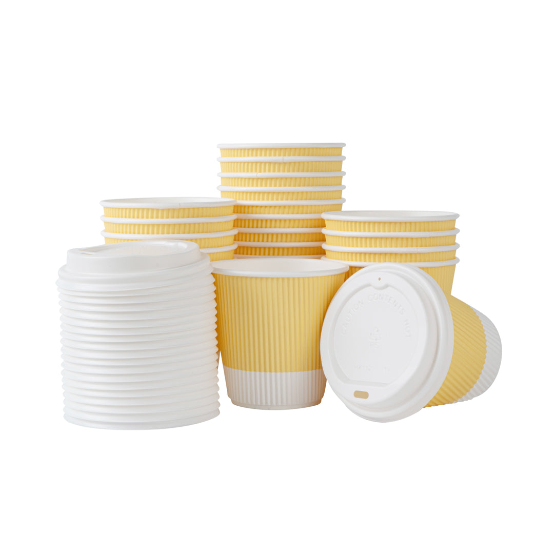 8 oz Light Yellow Paper Ripple Wall Coffee Cup - with White Lid - 3 1/2" x 3 1/2" x 4" - 400 count box