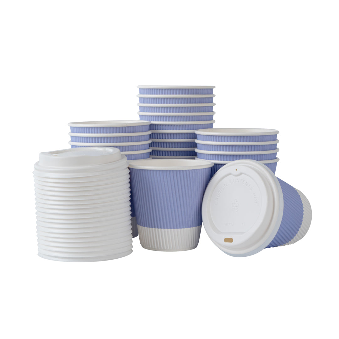 8 oz Light Purple Paper Ripple Wall Coffee Cup - with White Lid - 3 1/2" x 3 1/2" x 4" - 400 count box