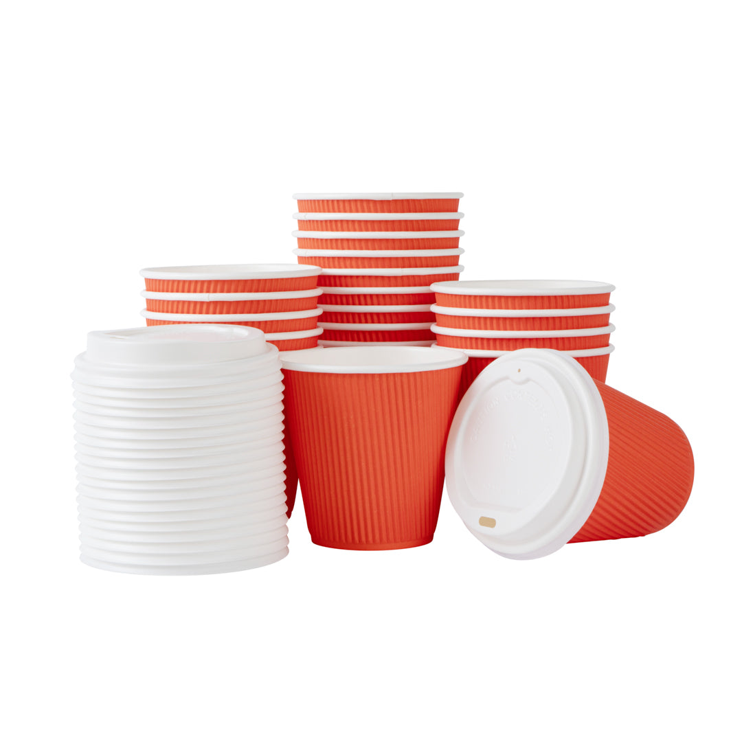 8 oz Tangerine Orange Paper Ripple Wall Coffee Cup - with White Lid - 3 1/2" x 3 1/2" x 4" - 400 count box