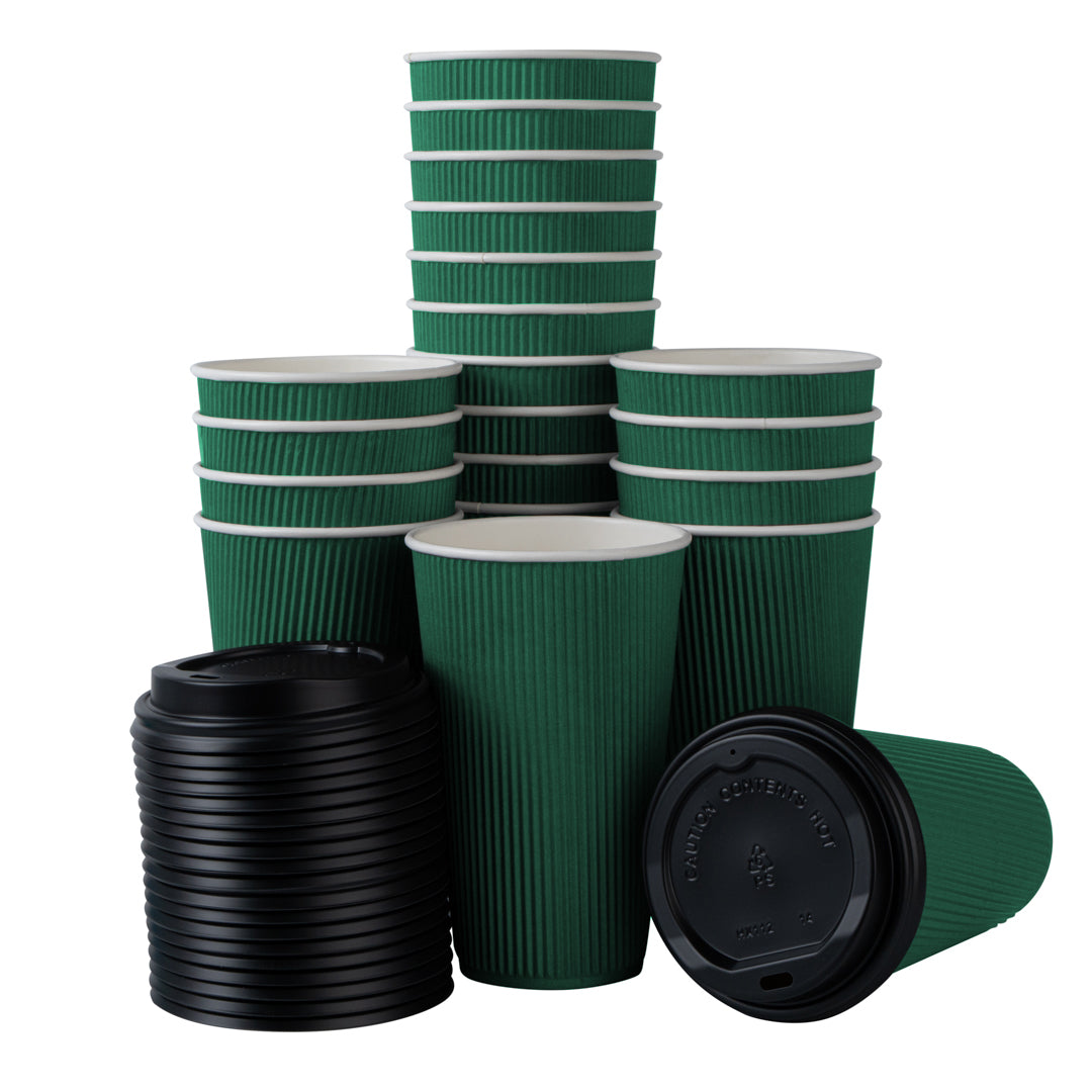 16 oz Forest Green Paper Ripple Wall Coffee Cup - with Black Lid - 3 1/2" x 3 1/2" x 6 1/4" - 200 count box