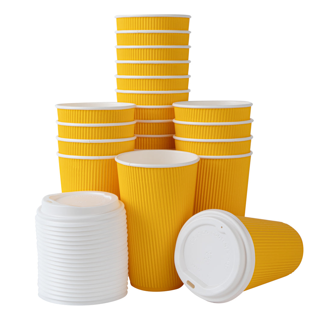 16 oz Yellow Paper Ripple Wall Coffee Cup - with White Lid - 3 1/2" x 3 1/2" x 6 1/4" - 200 count box