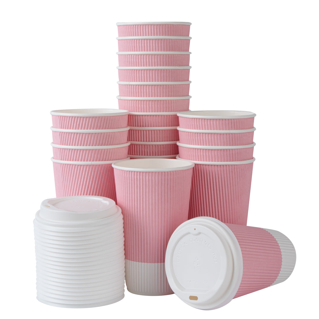 16 oz Light Pink Paper Ripple Wall Coffee Cup - with White Lid - 3 1/2" x 3 1/2" x 6 1/4" - 200 count box