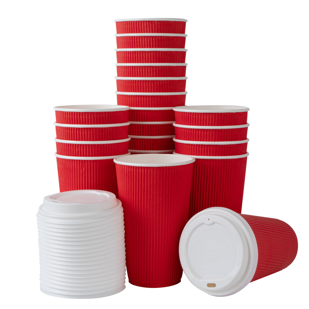 16 oz Red Paper Ripple Wall Coffee Cup - with White Lid - 3 1/2" x 3 1/2" x 6 1/4" - 200 count box