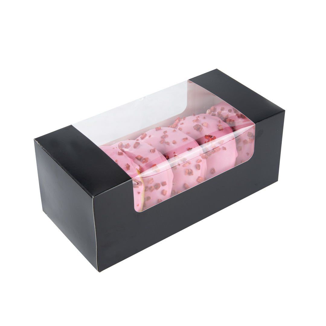 Pastry Tek Black Paper Pastry / Cake Box - with Window - 9 3/4" x 4 3/4" x 4" - 100 count box