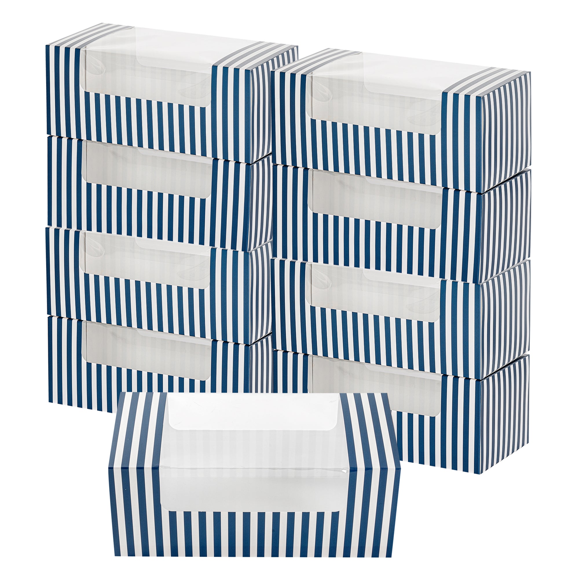 Pastry Tek Blue and White Stripe Paper Pastry / Cake Box - with Window - 9 3/4" x 4 3/4" x 4" - 100 count box