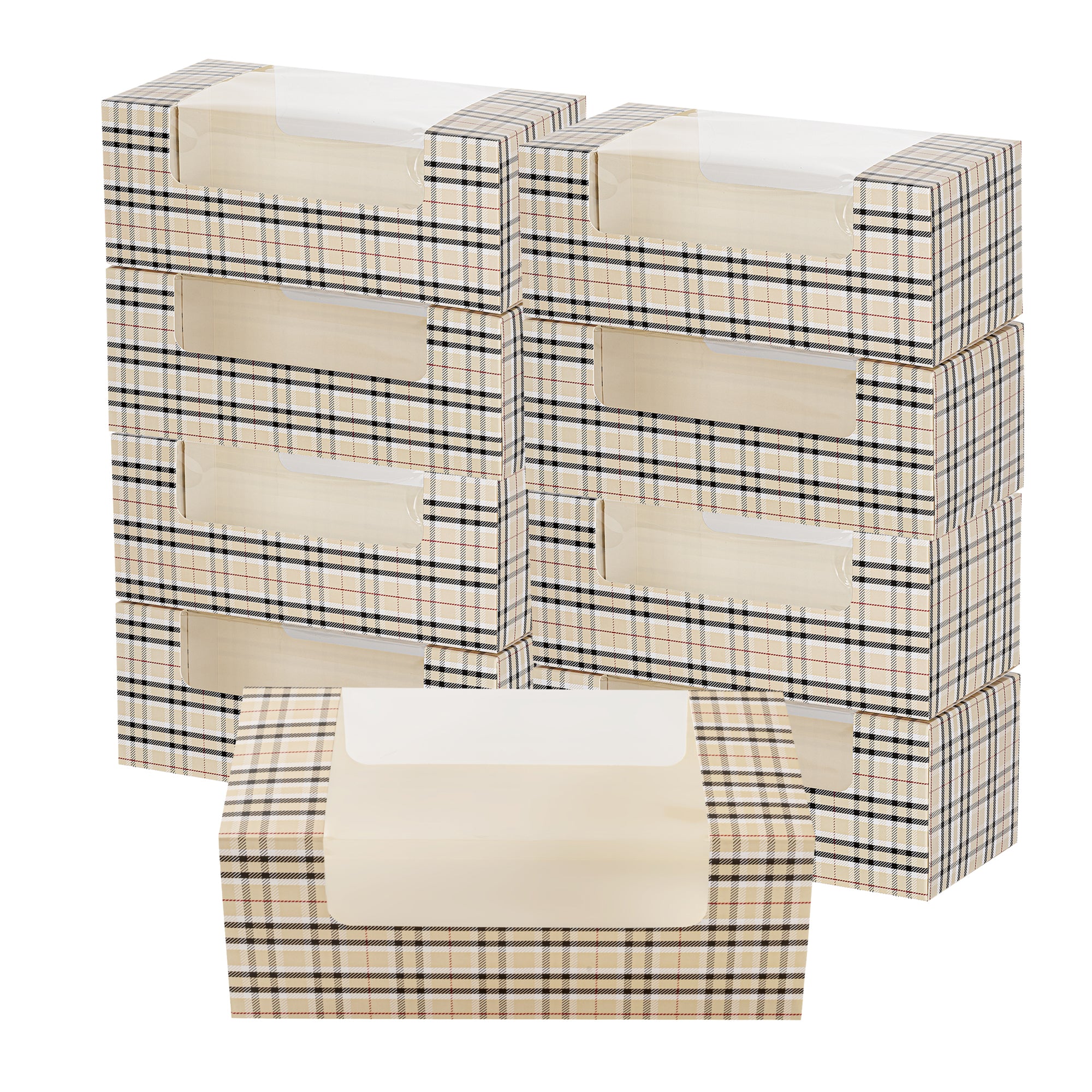 Pastry Tek Plaid Paper Pastry / Cake Box - with Window - 9 3/4" x 4 3/4" x 4" - 100 count box