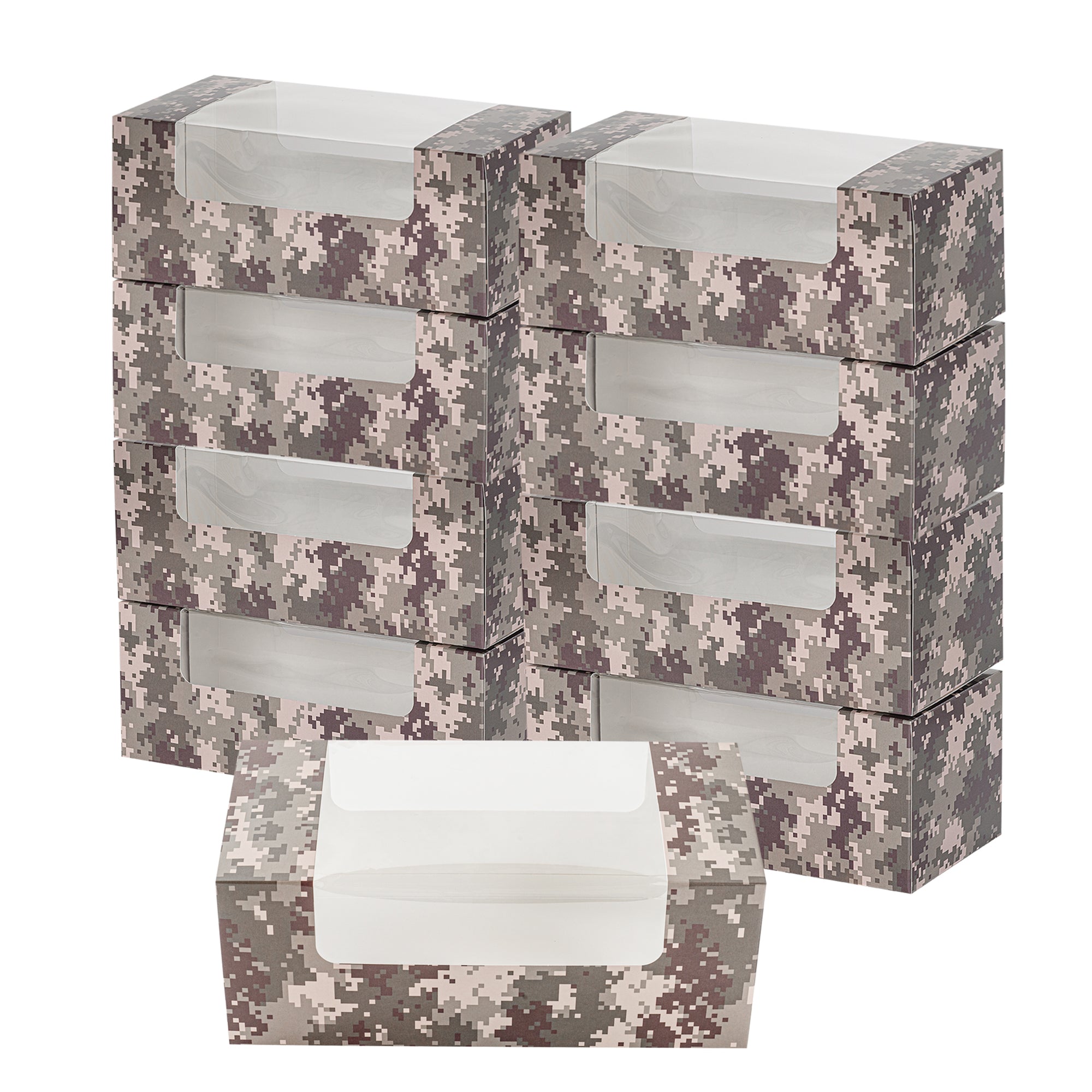 Pastry Tek Camouflage Paper Pastry / Cake Box - with Window - 9 3/4" x 4 3/4" x 4" - 100 count box