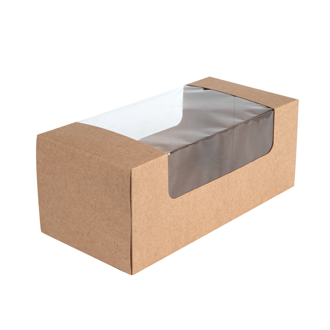 Pastry Tek Kraft Paper Pastry / Cake Box - with Window - 9 3/4" x 4 3/4" x 4" - 100 count box