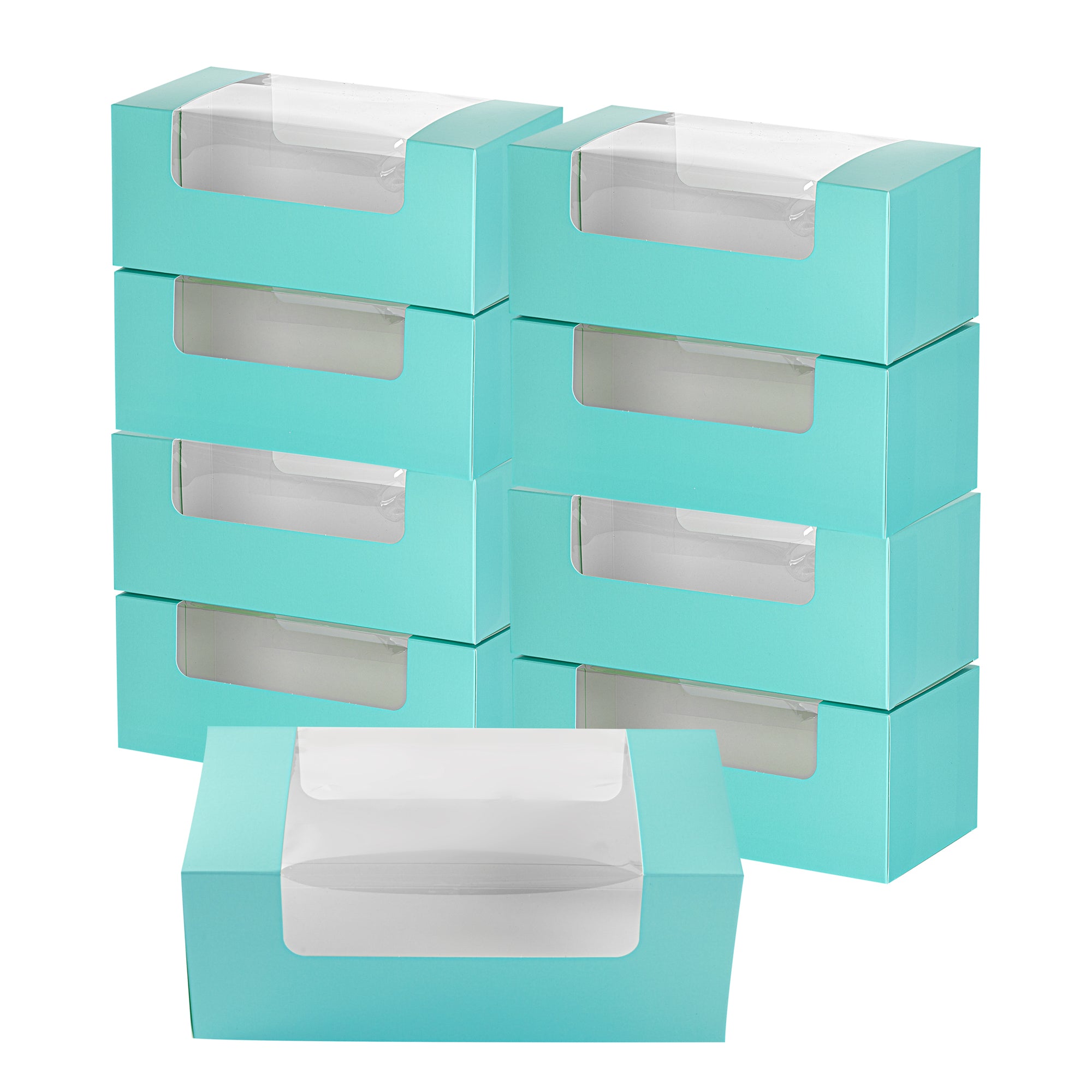 Pastry Tek Turquoise Paper Pastry / Cake Box - with Window - 9 3/4" x 4 3/4" x 4" - 100 count box