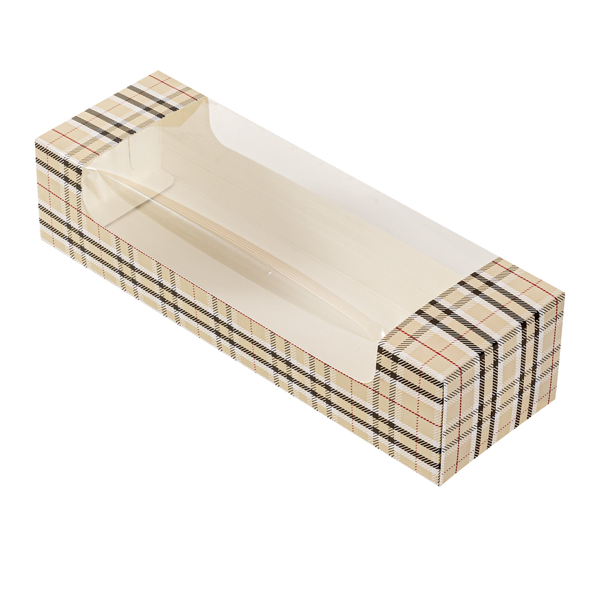 Pastry Tek Plaid Paper Pastry / Cake Box - with Window - 9 3/4" x 3 1/4" x 2 1/4" - 100 count box