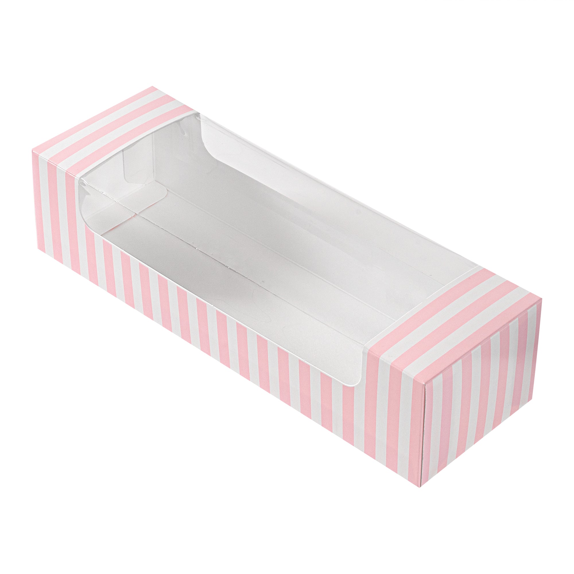 Pastry Tek Pink and White Stripe Paper Pastry / Cake Box - with Window - 9 3/4" x 3 1/4" x 2 1/4" - 100 count box