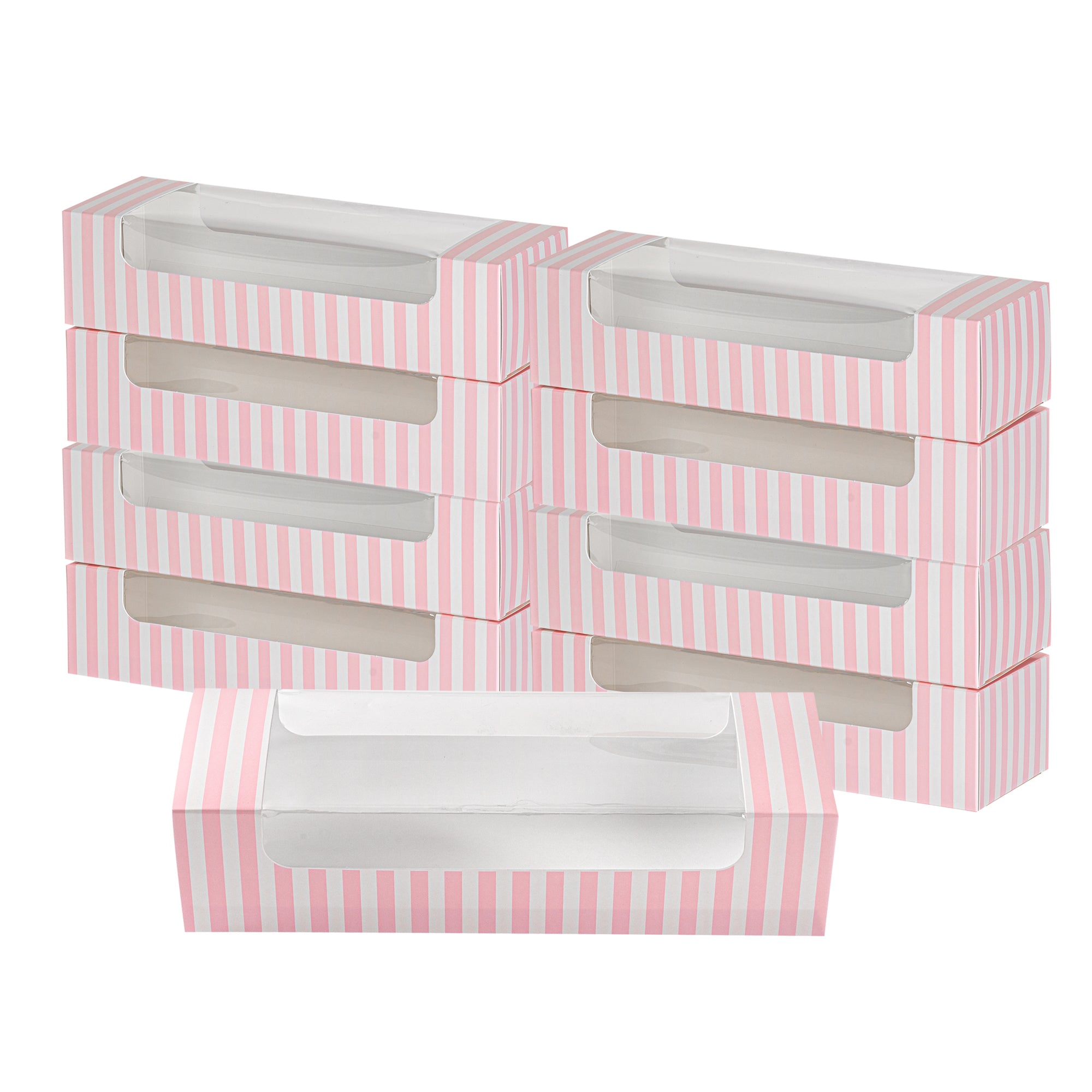 Pastry Tek Pink and White Stripe Paper Pastry / Cake Box - with Window - 9 3/4" x 3 1/4" x 2 1/4" - 100 count box