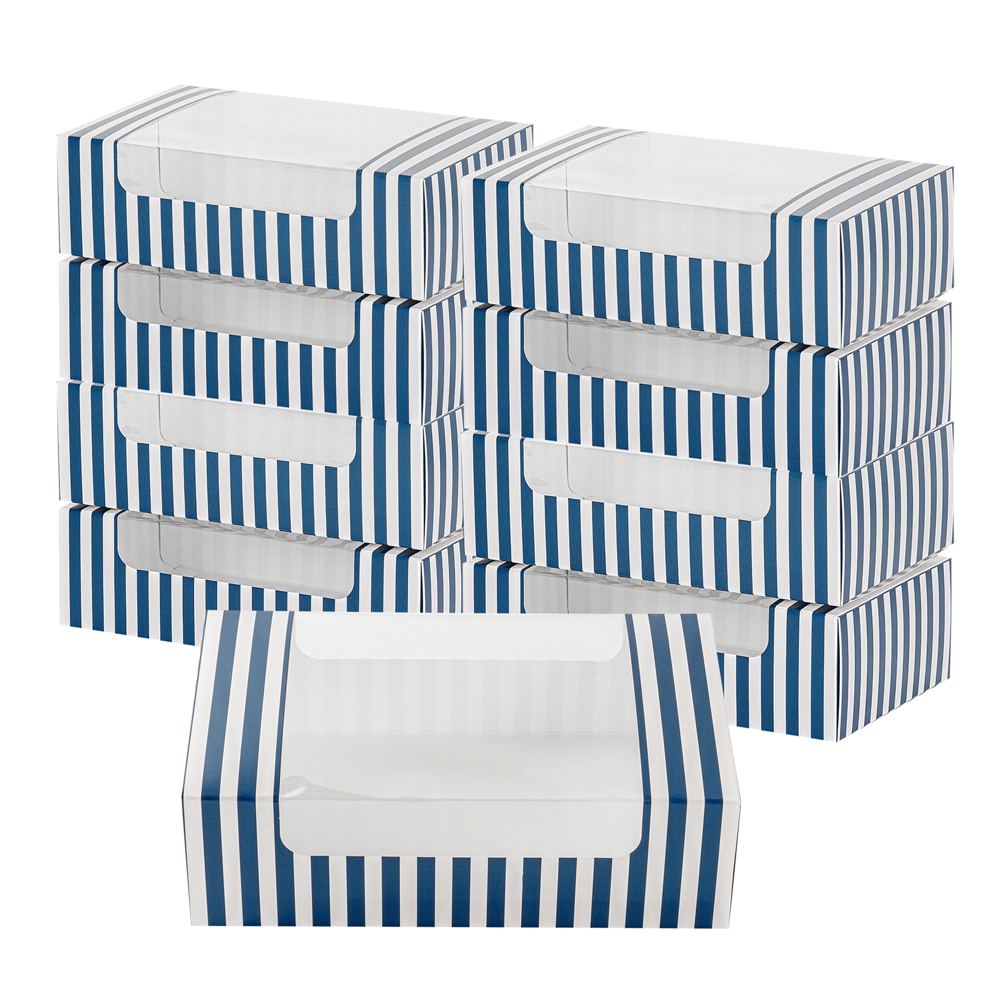 Pastry Tek Blue and White Stripe Paper Pastry / Cake Box - with Window - 7 3/4" x 4 3/4" x 2 1/4" - 100 count box