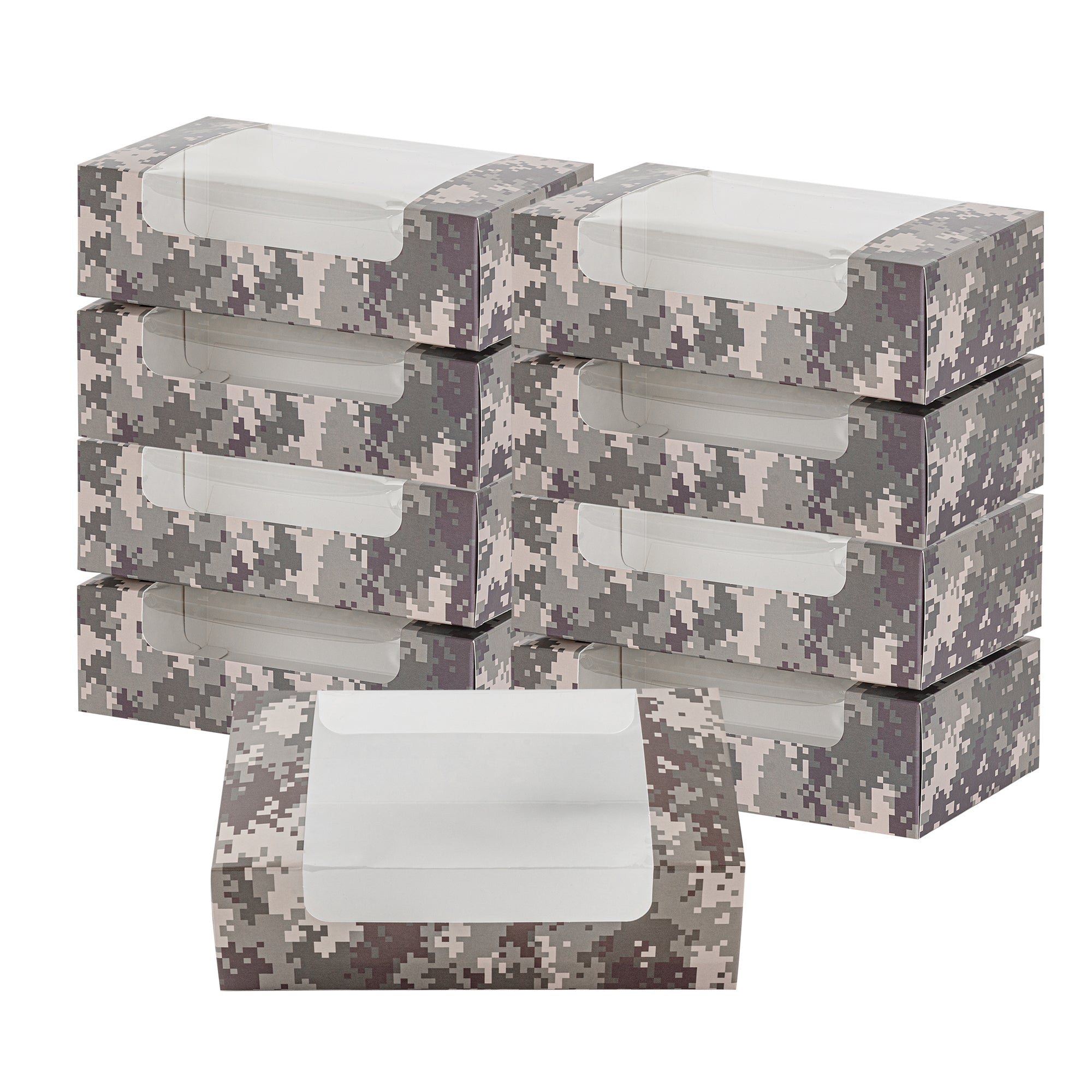 Pastry Tek Camouflage Paper Pastry / Cake Box - with Window - 7 3/4" x 4 3/4" x 2 1/4" - 100 count box