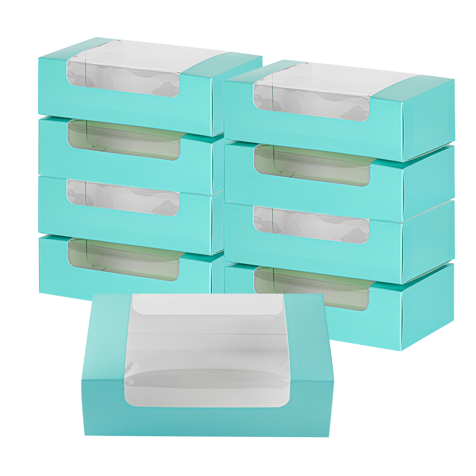 Pastry Tek Turquoise Paper Pastry / Cake Box - with Window - 7 3/4" x 4 3/4" x 2 1/4" - 100 count box