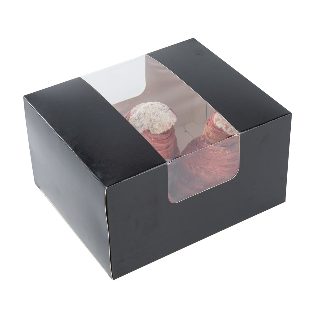 Pastry Tek Black Paper Pastry / Cake Box - with Window - 7" x 6" x 4" - 100 count box