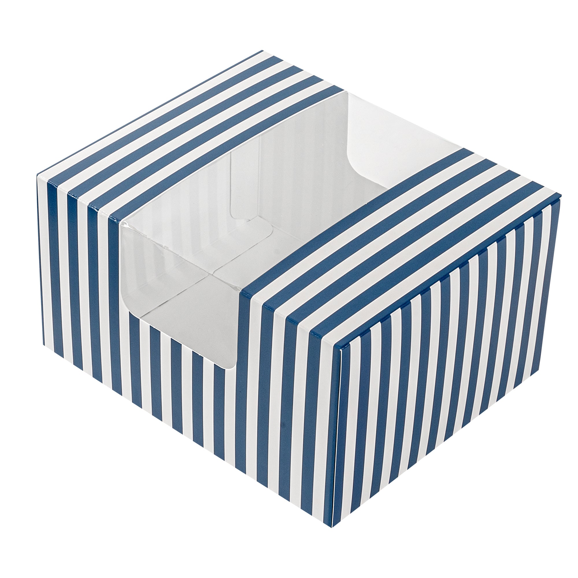 Pastry Tek Blue and White Stripe Paper Pastry / Cake Box - with Window - 7" x 6" x 4"- 100 count box