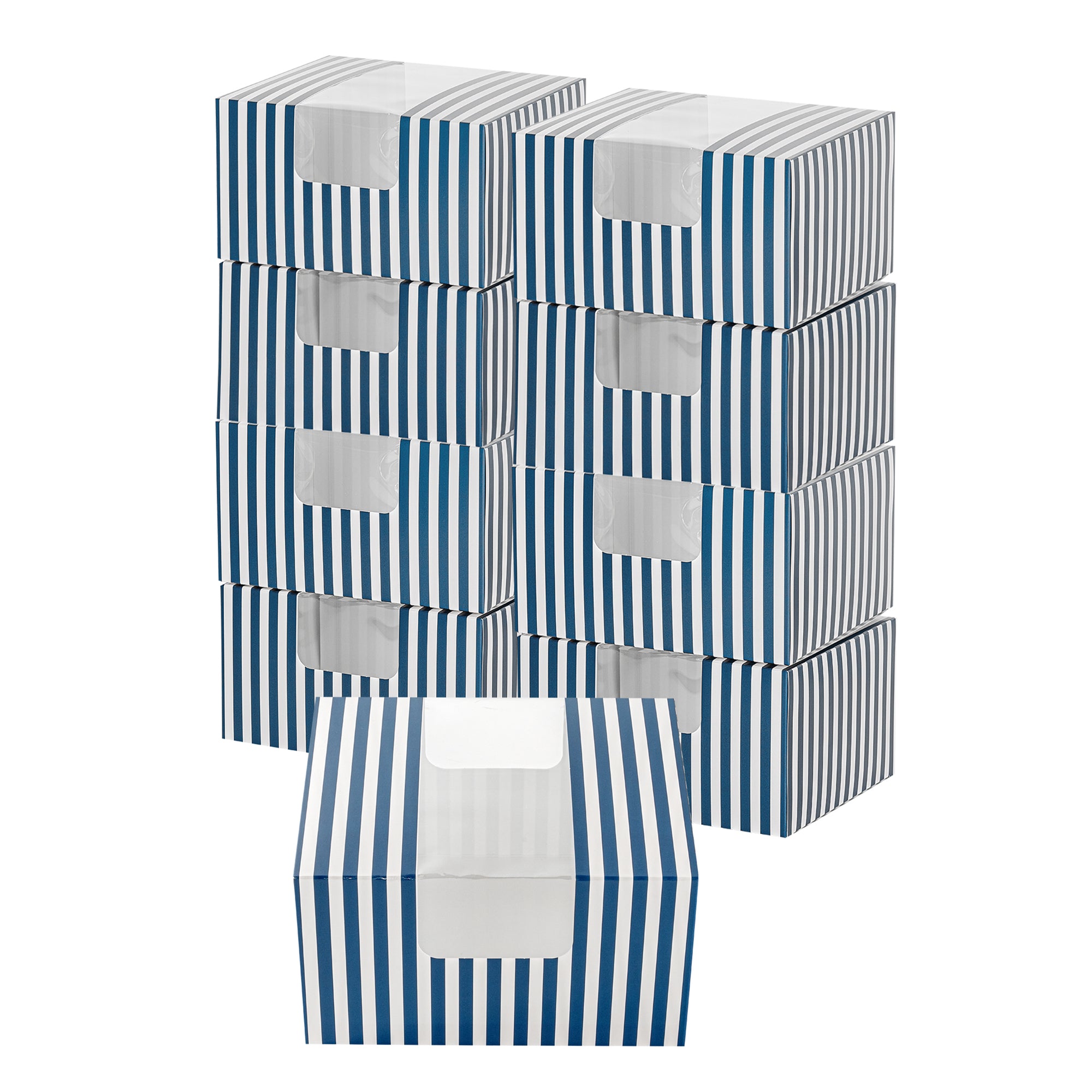 Pastry Tek Blue and White Stripe Paper Pastry / Cake Box - with Window - 7" x 6" x 4"- 100 count box