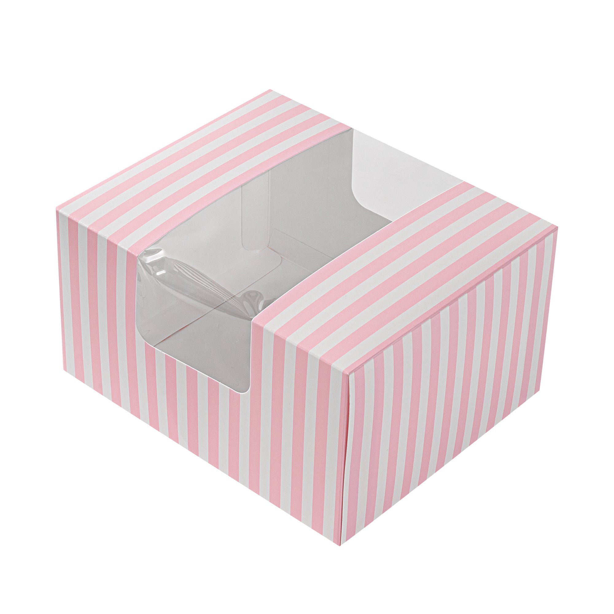 Pastry Tek Pink and White Stripe Paper Pastry / Cake Box - with Window - 7" x 6" x 4" - 100 count box