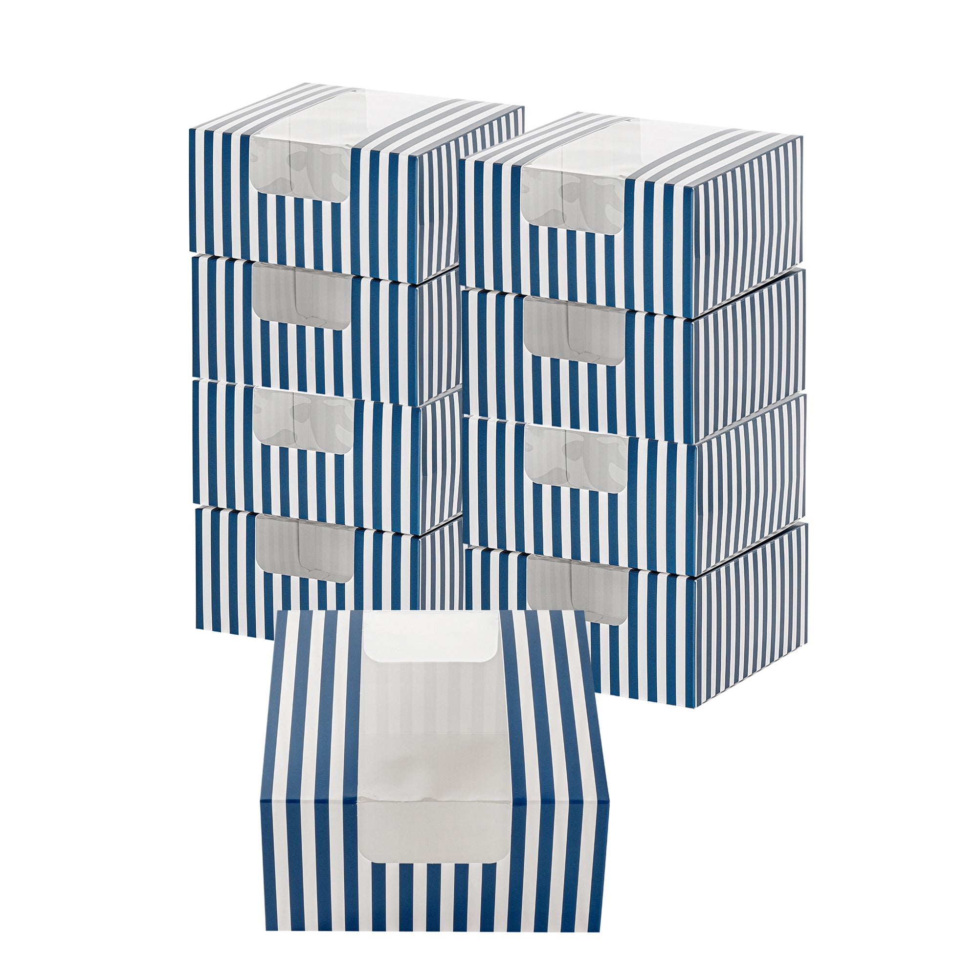 Pastry Tek Blue and White Stripe Paper Pastry / Cake Box - with Window - 6 1/4" x 6 1/4" x 3 1/4" - 100 count box