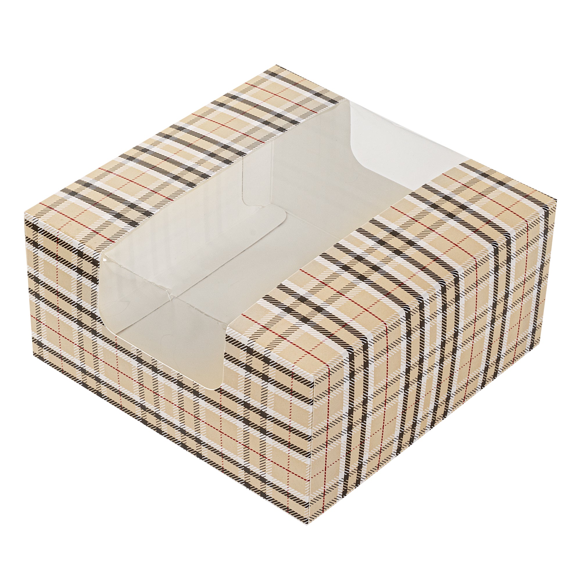 Pastry Tek Plaid Paper Pastry / Cake Box - with Window - 6 1/4" x 6 1/4" x 3 1/4" - 100 count box