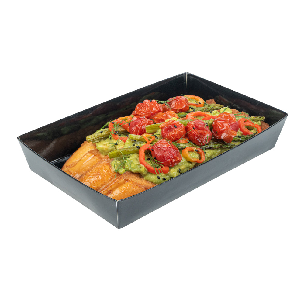 Matsuri Vision Rectangle Black Paper Medium Sushi Tray - 8" x 5" x 1 1/2" - 100 count box