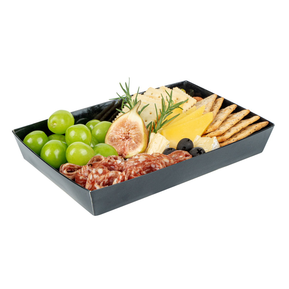 Matsuri Vision Rectangle Black Paper Large Sushi Tray - 9" x 6" x 1 1/2" - 100 count box