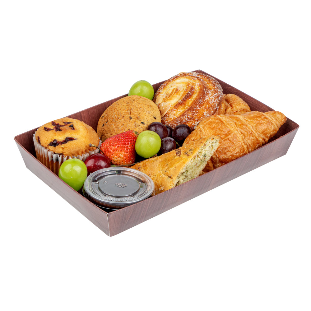 Matsuri Vision Rectangle Wood Grain Paper Large Sushi Tray - 9" x 6" x 1 1/2" - 100 count box