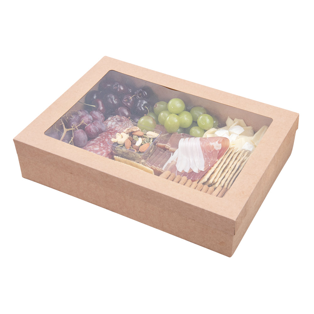 Cater Tek Rectangle Kraft Paper Catering Box - with Window Lid - 14 1/4" x 10" x 3 1/4" - 100 count box